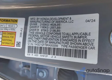 2024 Honda Accord Hybrid Sport-L from USA, damaged, VIN 1HGCY2F78RA063099